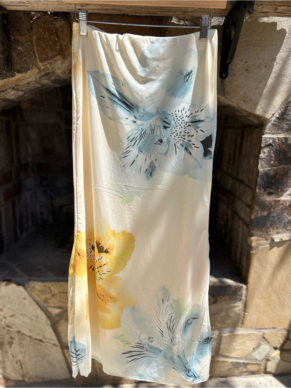 Cream Floral Maxi Skirt with Blue and Yellow Blooms